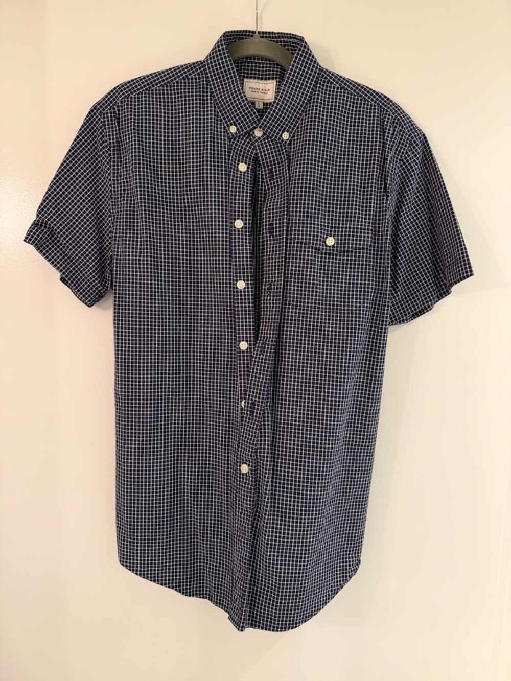 Frank & Oak navy/white grid-check short-sleeve button-up